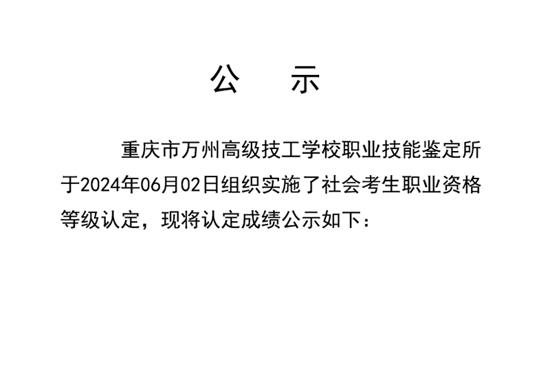 20240602重庆市万州高级技工学校第1批(社会)成绩公示